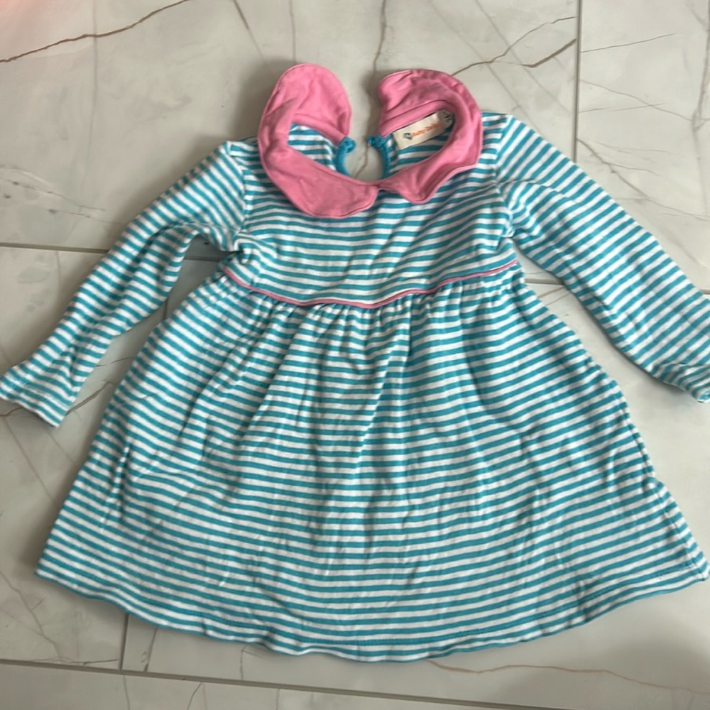 Baby Luigi 24 mo blue and white striped dress with pink collar. EUC